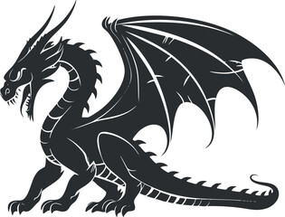Naklejka premium Silhouette of a fierce dragon with wings and a long tail in black and white.
