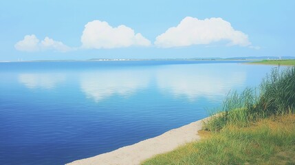 Obraz premium Bright blue skies mirror the calmness of a solar farm, where green grass gently sways, embodying sustainability's essence.