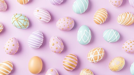 Pattern with egg shaped cookies and frosting on pastel background. Top view. Easter theme. Flat design. 