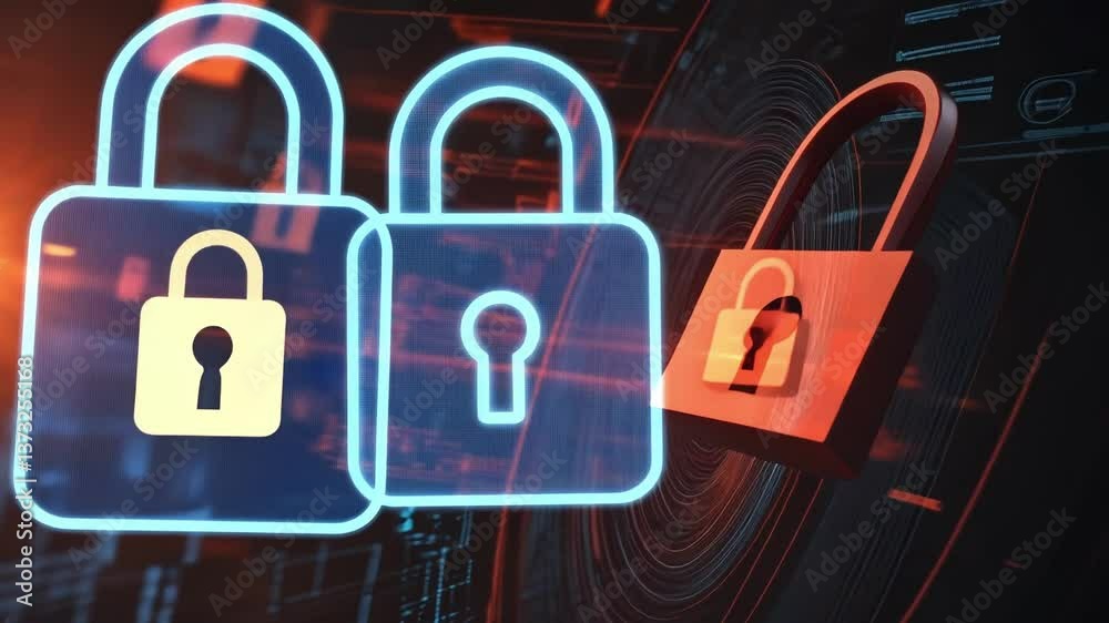 Aufkleber cyber security system is protecting digital information with a padlock visual concept, representing 