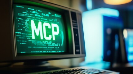 Green glowing MCP text on vintage computer monitor