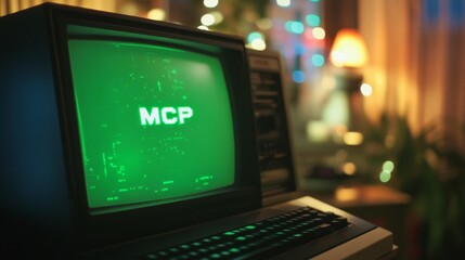 Obraz premium Green glowing MCP text on vintage computer monitor