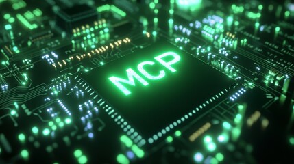 Green glowing MCP text on vintage computer monitor