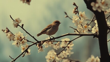 Fototapeta premium Spring branch with bird closeup. Vintage vibes