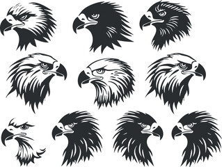 Collection of black and white eagle head silhouettes in various artistic styles.