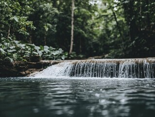 Highlight hydropower's charm with a cascading waterfall, clear blue waters meandering through a vibrant, green landscape.