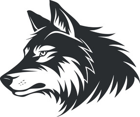 Naklejka premium Black and white silhouette of a wolf head, showcasing a fierce and majestic expression.