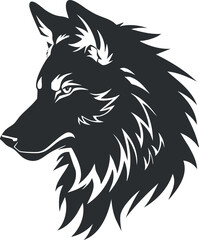 Fototapeta premium Black and white stylized wolf head silhouette illustration showcasing fierce and majestic features.