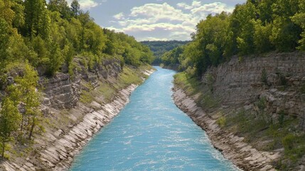 Showcase hydropower's gentle flow within a clear blue river, surrounded by lush greenery, reflecting unity with the environment.