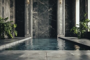 Reveal a tranquil hydropower plant mirroring calm blue waters, seamlessly blended with lush greenery and elegant structures.