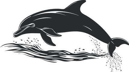 Obraz premium Black and white dolphin silhouette leaping out of water with splashes and waves.