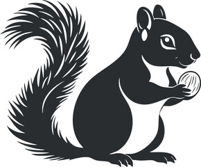 Silhouette illustration of a squirrel holding a nut, showcasing its bushy tail and profile.