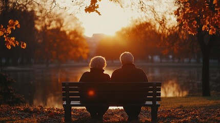 Warm Elderly Couple Sitting on Bench Enjoying Sunset, Back View Cinematic Backlit Scene with Warm Colors, Close Up Extremely Detailed, Capturing Intimate Moment of Serenity and Love
