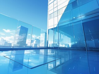 Minimalist Premium Commercial Photography of Outdoor Environment with Sun and Minimalist Background, Panoramic View in Silver and Blue, High Horizon, Showroom Frontal View,