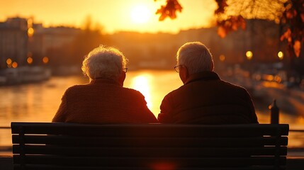 Warm Elderly Couple Sitting on Bench Enjoying Sunset, Back View Cinematic Backlit Scene with Warm Colors, Close Up Extremely Detailed, Capturing Intimate Moment of Serenity and Love