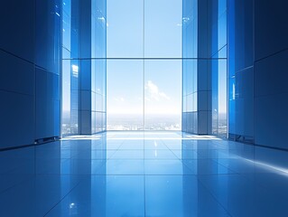 Minimalist Premium Commercial Photography of Outdoor Environment with Sun and Minimalist Background, Panoramic View in Silver and Blue, High Horizon, Showroom Frontal View,