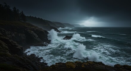 Obraz premium Stormy Coastline Waves Crashing on Rocky Shore