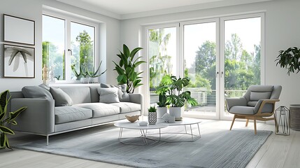 Obraz premium Living room interior with comfortable grey sofa, coffee table, armchair and big window