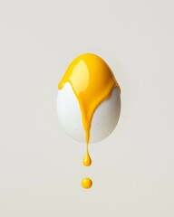 White egg with vibrant yellow dripping paint against white background. Creative Easter celebration concept.