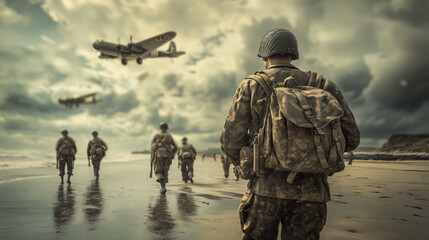 Cinematic of World War II soldiers. Military operation and War Concept. Generative Ai.