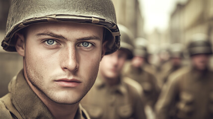 Cinematic of World War II soldiers. Military operation and War Concept. Generative Ai.