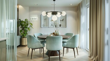 Living room interior with mint colored chairs with a round wooden dining table