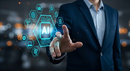AI in Business: Man Touching AI Icon on Holographic Screen, Artificial Intelligence Technology Concept, Future of Work, Digital Transformation