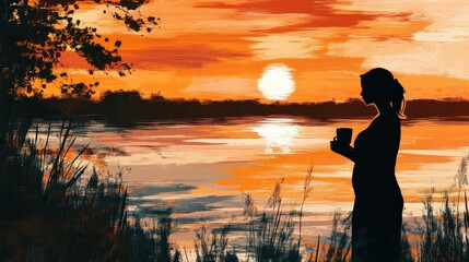 Fototapeta premium A silhouette enjoys the sunset while holding a warm drink outside