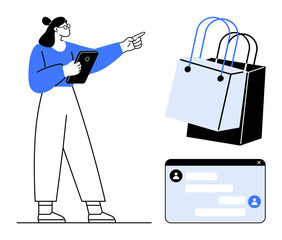 Woman with tablet pointing at shopping bags and chat window. Ideal for e-commerce, customer service, digital retail, online shopping, tech communication, user interface, consumer behavior. Abstract