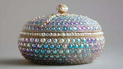 An ornate jewelry box embellished with pearls and colorful gems, perfect for luxury and elegance.