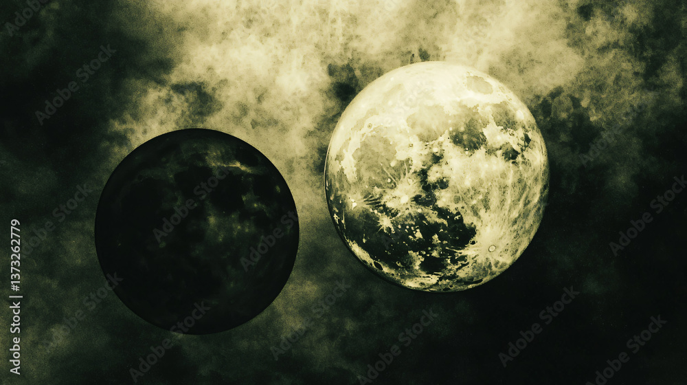 Wall mural illuminated moon and planet set against a dark cosmic background creating a striking contrast and ca