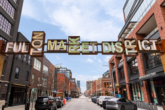 Chicago, IL, USA - March 27, 2025: Fulton Market District is on the near west side of Chicago and features many popular restaurants, parks, and events all year long.
