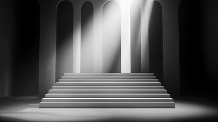 Obraz premium A dramatic scene of illuminated stairs within an architectural structure, showcasing shadows and light in a mysterious setting.