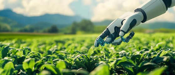 Engineers optimizing AI driven robotic farming tools, high-tech farm with real-time crop and soil data analysis and automated agricultural robots, High-tech style