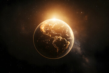 Golden Earth at Night Glowing with City Lights in Dark Space