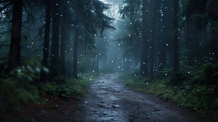 Obraz premium Enigmatic forest path with ethereal lights creating an atmospheric ambiance