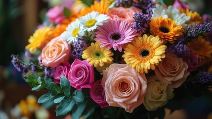 a vibrant floral arrangement featuring a mix of pink roses yellow daisies white daisies and orange roses accented with greenery and purple flowers perfect for celebrations
