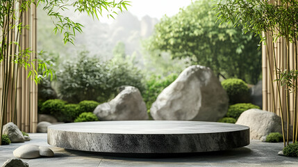 A serene outdoor setting featuring a circular stone platform surrounded by lush greenery and smooth rocks.