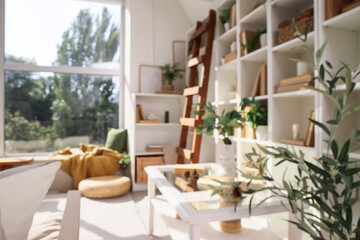 Shelving unit with books and coffee table in interior of living room. Blurred view