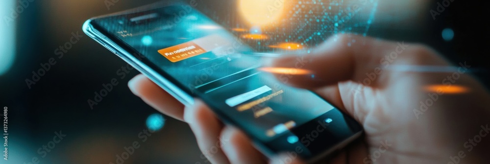 Poster close-up view of hand holding smartphone showing online payment confirmation in a digital banking in