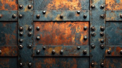 Fototapeta premium abstract geometric pattern old worn copper antique rivets on cast iron metal wall surface with with bolts 3d render