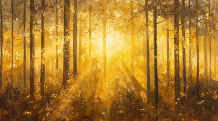 Obraz premium Sunlight shining through trees inside a beautiful golden forest