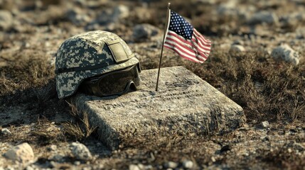 A memorial depicts war remembrance with helmet and weathered stone marker