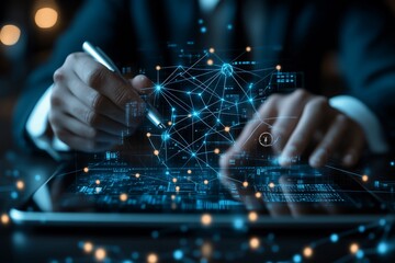 Close up photo of half body without showing face of businessman holding stylus pen and tablet is seen lying on the table. various business icons appear above the tablet and the businessman is seen ch