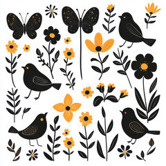 Fototapeta premium Floral design featuring black birds, butterflies, and vibrant orange flowers creates cheerful and lively atmosphere. This illustration captures beauty of nature with whimsical touch