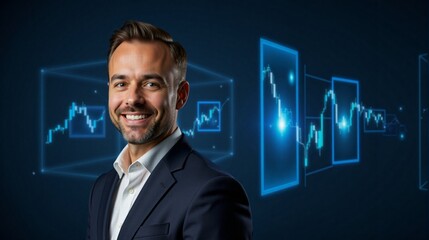 Businessman smiling confidently with financial data background  