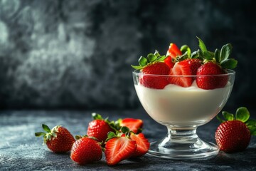 Sweet panna cotta dessert in a glass with vibrant strawberries