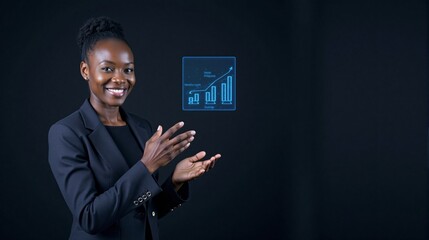 Businesswoman presenting financial growth on digital screen  