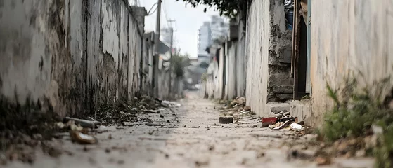 Photo sur Plexiglas Narrow Alleyway in Urban Setting, Weathered Buildings and Ground Debris
