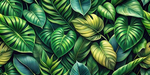 Lush Tropical Foliage A Vibrant Display of Exotic Greenery in Rich, Saturated Hues, Ideal for Decor and Design Projects